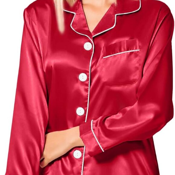 Silk Satin Pajama Set Long Sleeve Button Down Sleepwear Lounge - Picture 2 of 4